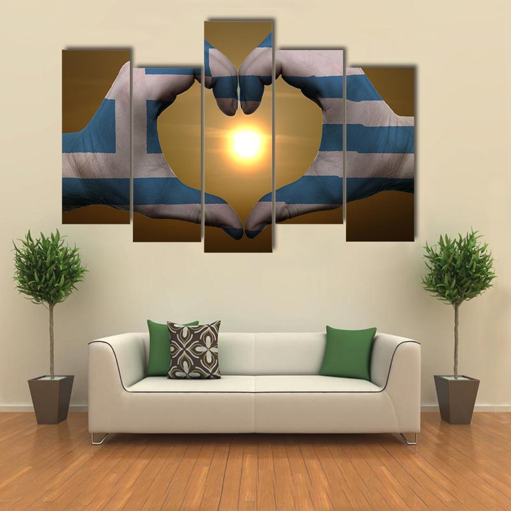 Greece Flag On Hands Canvas Wall Art-5 Pop-Gallery Wrap-47" x 32"-Tiaracle