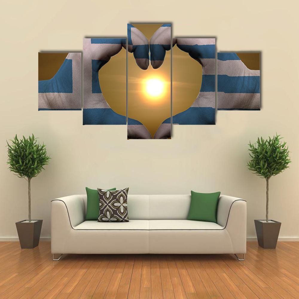 Greece Flag On Hands Canvas Wall Art-5 Star-Gallery Wrap-62" x 32"-Tiaracle