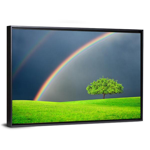 Green Field Tree & Rainbow Canvas Wall Art-3 Horizontal-Gallery Wrap-25" x 16"-Tiaracle