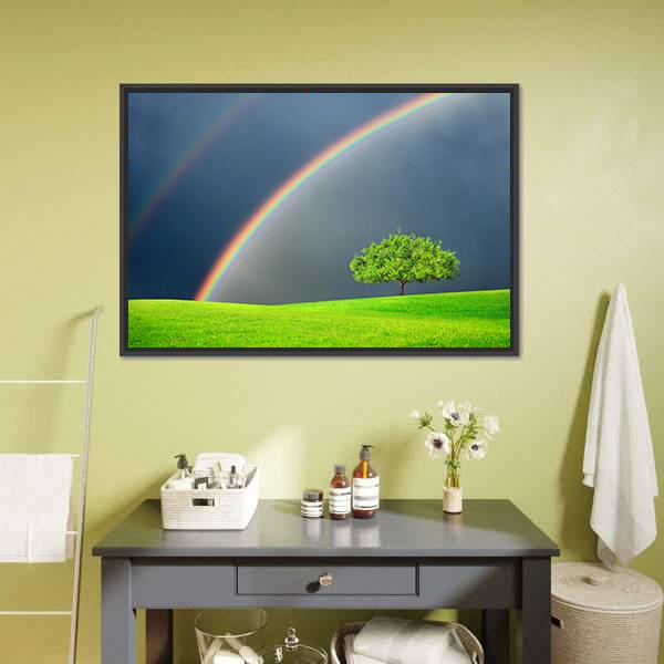 Green Field Tree & Rainbow Canvas Wall Art-1 Piece-Floating Frame-24" x 16"-Tiaracle