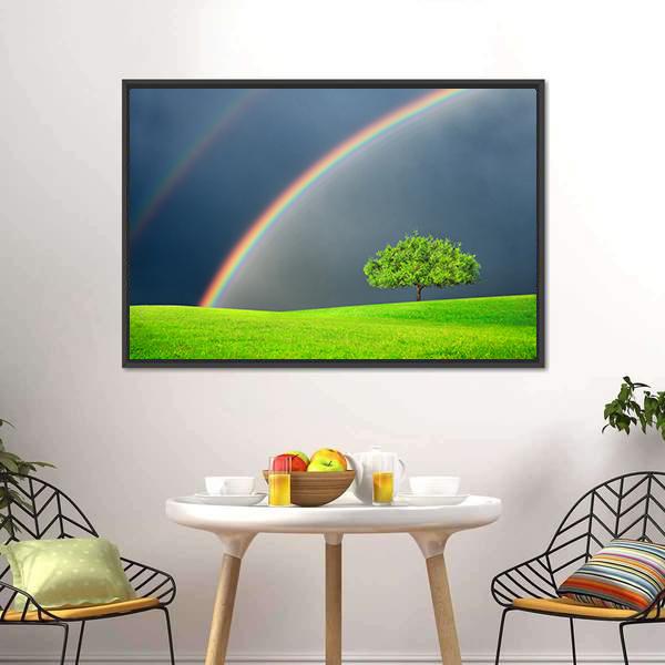 Green Field Tree & Rainbow Canvas Wall Art-3 Horizontal-Gallery Wrap-25" x 16"-Tiaracle