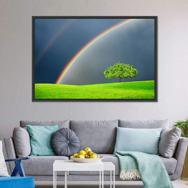 Green Field Tree & Rainbow Canvas Wall Art-3 Horizontal-Gallery Wrap-25" x 16"-Tiaracle