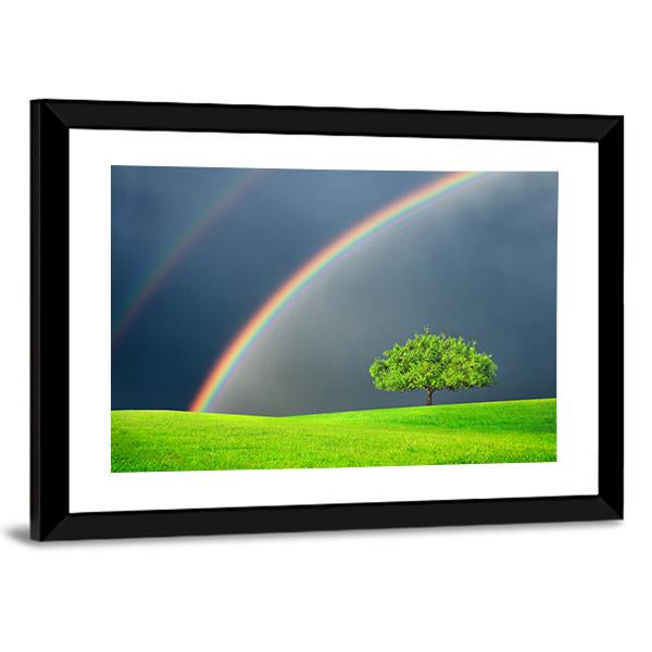 Green Field Tree & Rainbow Canvas Wall Art-3 Horizontal-Gallery Wrap-25" x 16"-Tiaracle