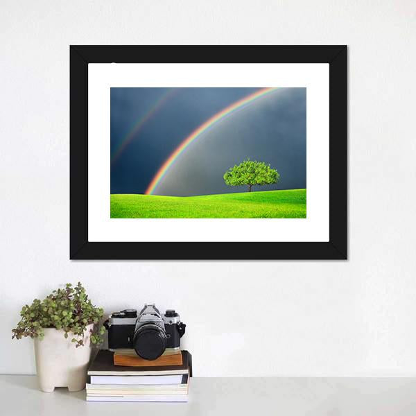 Green Field Tree & Rainbow Canvas Wall Art-1 Piece-Framed Print-20" x 16"-Tiaracle