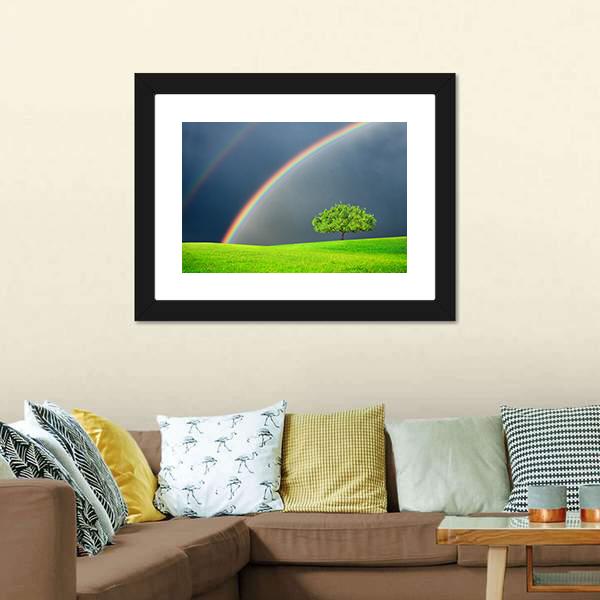 Green Field Tree & Rainbow Canvas Wall Art-3 Horizontal-Gallery Wrap-25" x 16"-Tiaracle