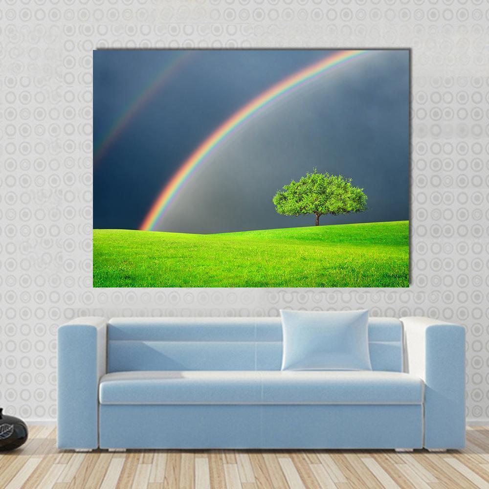 Green Field Tree & Rainbow Canvas Wall Art-1 Piece-Gallery Wrap-48" x 32"-Tiaracle