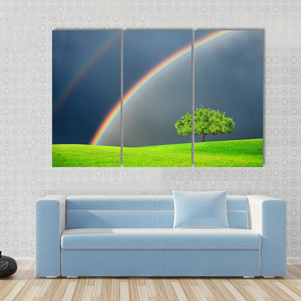 Green Field Tree & Rainbow Canvas Wall Art-3 Horizontal-Gallery Wrap-37" x 24"-Tiaracle