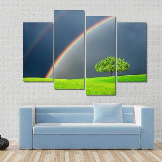 Green Field Tree & Rainbow Canvas Wall Art-4 Pop-Gallery Wrap-50" x 32"-Tiaracle