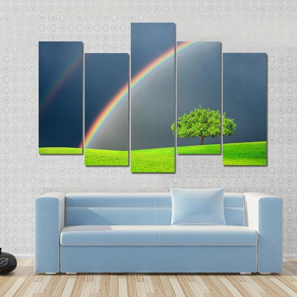 Green Field Tree & Rainbow Canvas Wall Art-5 Pop-Gallery Wrap-47" x 32"-Tiaracle