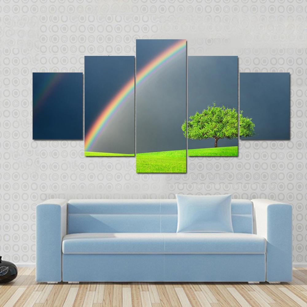 Green Field Tree & Rainbow Canvas Wall Art-5 Star-Gallery Wrap-62" x 32"-Tiaracle