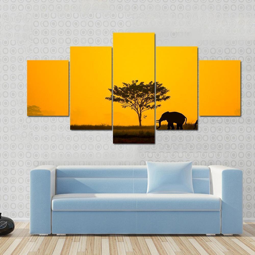 Group Of Elephant Thailand Canvas Wall Art-5 Star-Gallery Wrap-62" x 32"-Tiaracle