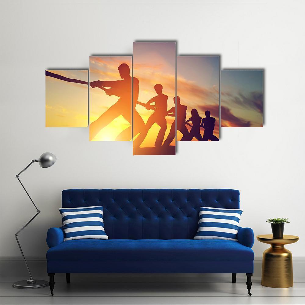 Group Of People Pulling Line Canvas Wall Art-5 Star-Gallery Wrap-62" x 32"-Tiaracle