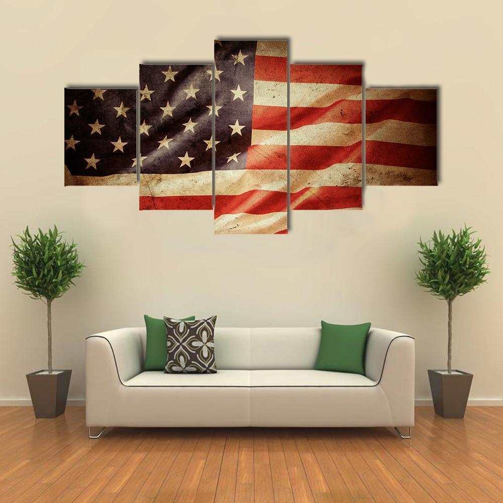 Grunge American Flag Canvas Wall Art-5 Star-Gallery Wrap-62" x 32"-Tiaracle