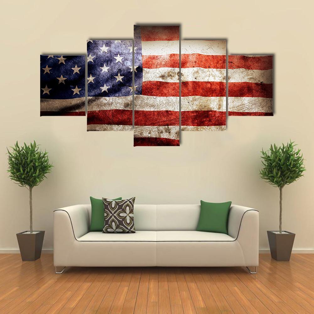 Grunge Flag Of America Canvas Wall Art-5 Star-Gallery Wrap-62" x 32"-Tiaracle