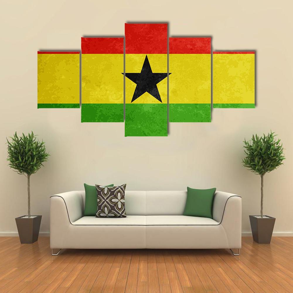 Grunge Textured Flag Of Ghana Canvas Wall Art-5 Star-Gallery Wrap-62" x 32"-Tiaracle