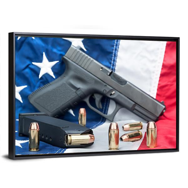 Gun & Bullets On American Flag Canvas Wall Art-3 Horizontal-Gallery Wrap-25" x 16"-Tiaracle