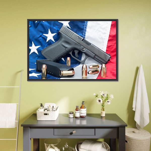 Gun & Bullets On American Flag Canvas Wall Art-1 Piece-Floating Frame-24" x 16"-Tiaracle