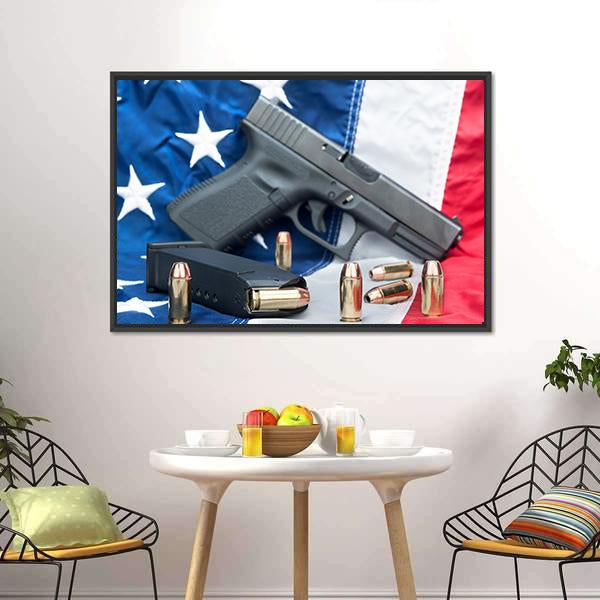 Gun & Bullets On American Flag Canvas Wall Art-3 Horizontal-Gallery Wrap-25" x 16"-Tiaracle