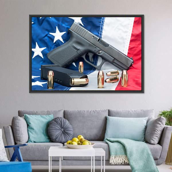 Gun & Bullets On American Flag Canvas Wall Art-3 Horizontal-Gallery Wrap-25" x 16"-Tiaracle