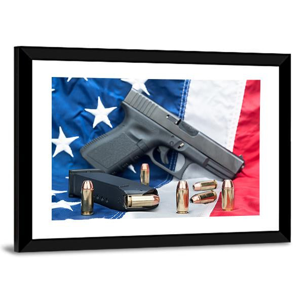 Gun & Bullets On American Flag Canvas Wall Art-3 Horizontal-Gallery Wrap-25" x 16"-Tiaracle