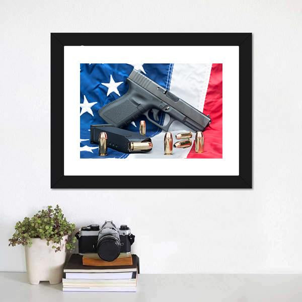 Gun & Bullets On American Flag Canvas Wall Art-1 Piece-Framed Print-20" x 16"-Tiaracle