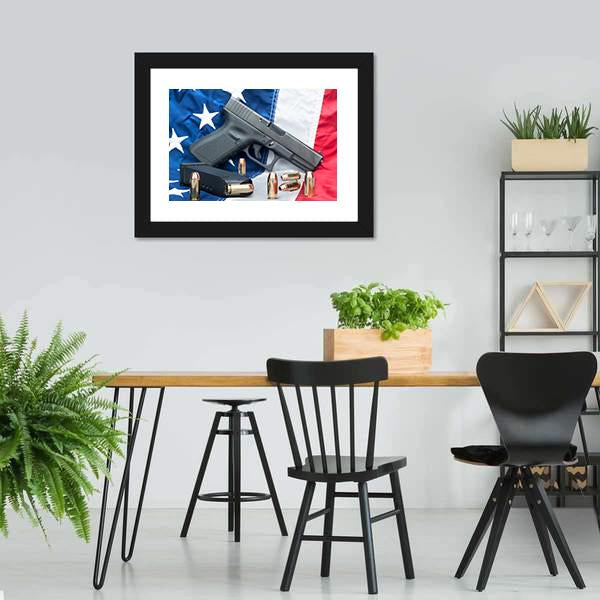 Gun & Bullets On American Flag Canvas Wall Art-3 Horizontal-Gallery Wrap-25" x 16"-Tiaracle