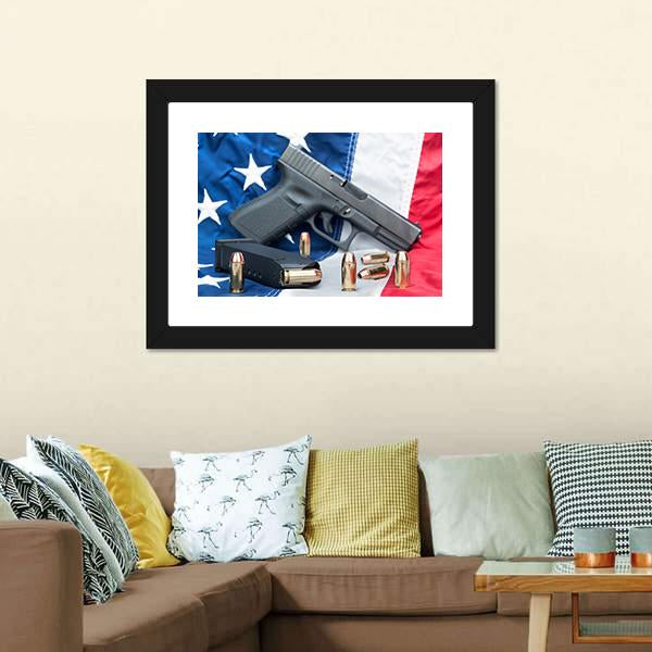 Gun & Bullets On American Flag Canvas Wall Art-3 Horizontal-Gallery Wrap-25" x 16"-Tiaracle