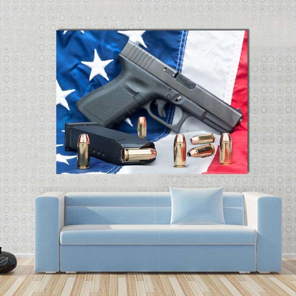 Gun & Bullets On American Flag Canvas Wall Art-1 Piece-Gallery Wrap-48" x 32"-Tiaracle