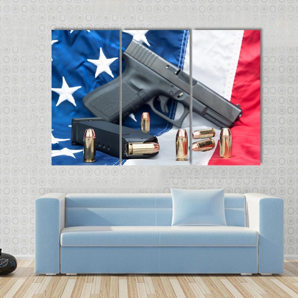 Gun & Bullets On American Flag Canvas Wall Art-3 Horizontal-Gallery Wrap-37" x 24"-Tiaracle