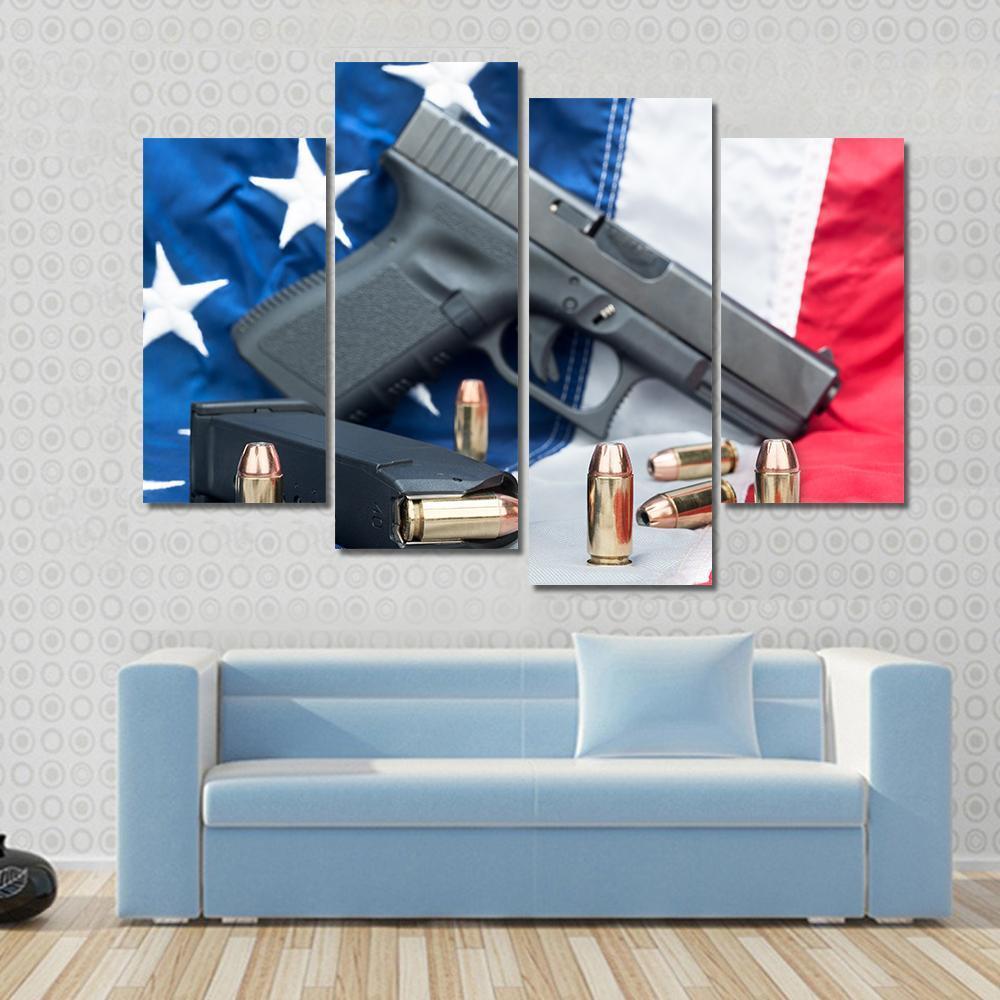 Gun & Bullets On American Flag Canvas Wall Art-4 Pop-Gallery Wrap-50" x 32"-Tiaracle