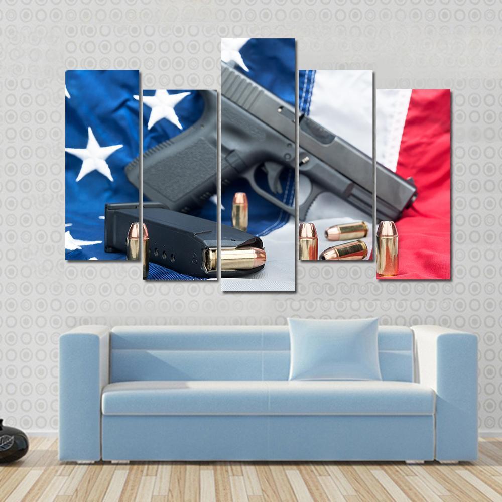 Gun & Bullets On American Flag Canvas Wall Art-5 Pop-Gallery Wrap-47" x 32"-Tiaracle