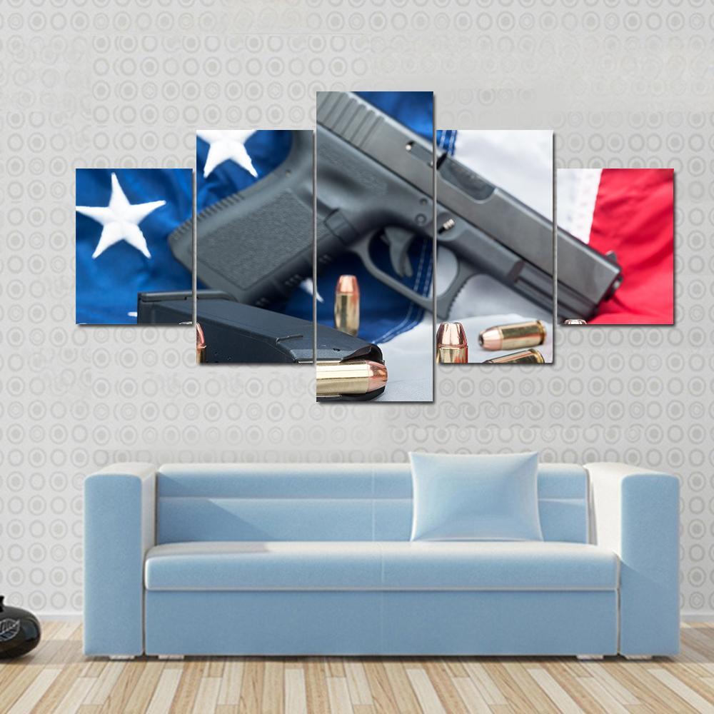 Gun & Bullets On American Flag Canvas Wall Art-5 Star-Gallery Wrap-62" x 32"-Tiaracle