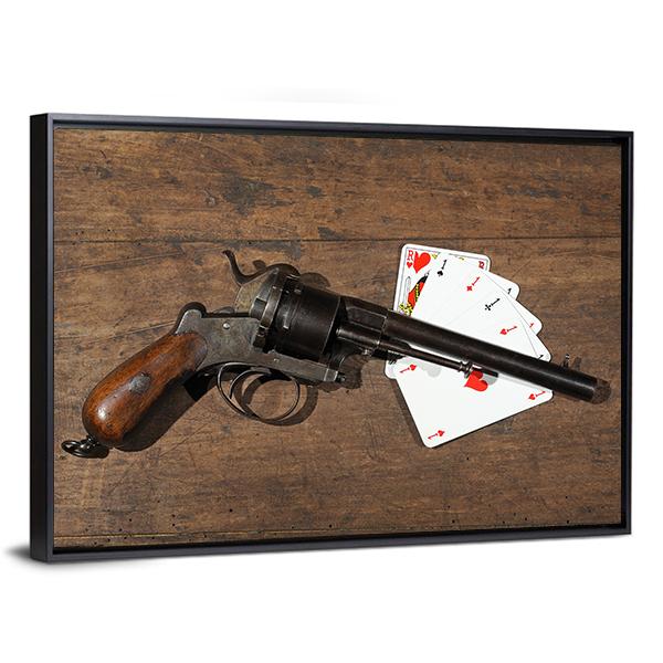 Gun & Cards On Table Canvas Wall Art-3 Horizontal-Gallery Wrap-25" x 16"-Tiaracle