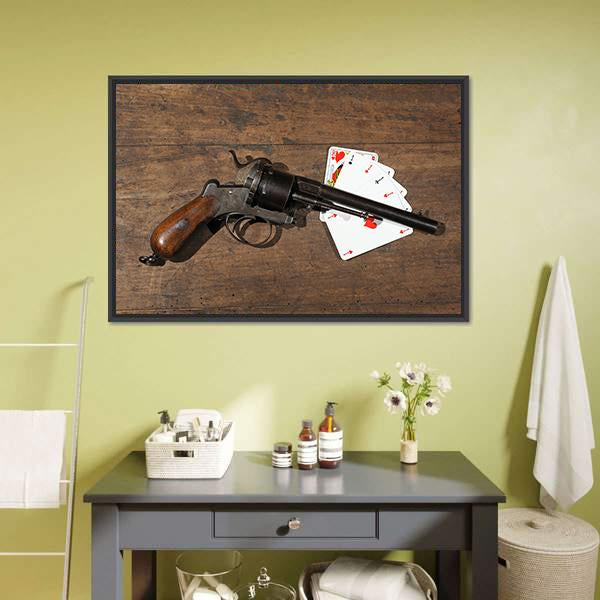 Gun & Cards On Table Canvas Wall Art-1 Piece-Floating Frame-24" x 16"-Tiaracle