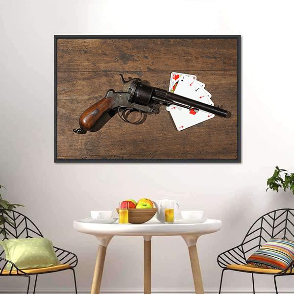 Gun & Cards On Table Canvas Wall Art-3 Horizontal-Gallery Wrap-25" x 16"-Tiaracle