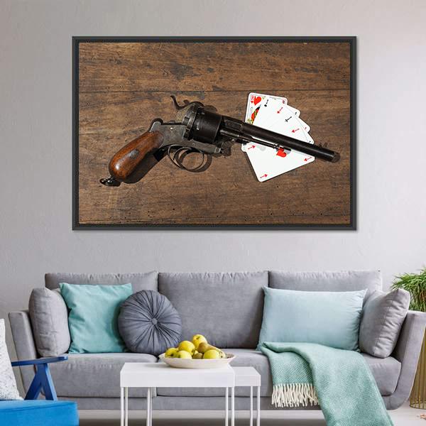 Gun & Cards On Table Canvas Wall Art-3 Horizontal-Gallery Wrap-25" x 16"-Tiaracle