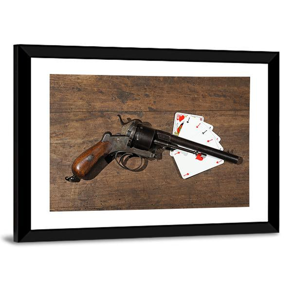 Gun & Cards On Table Canvas Wall Art-3 Horizontal-Gallery Wrap-25" x 16"-Tiaracle