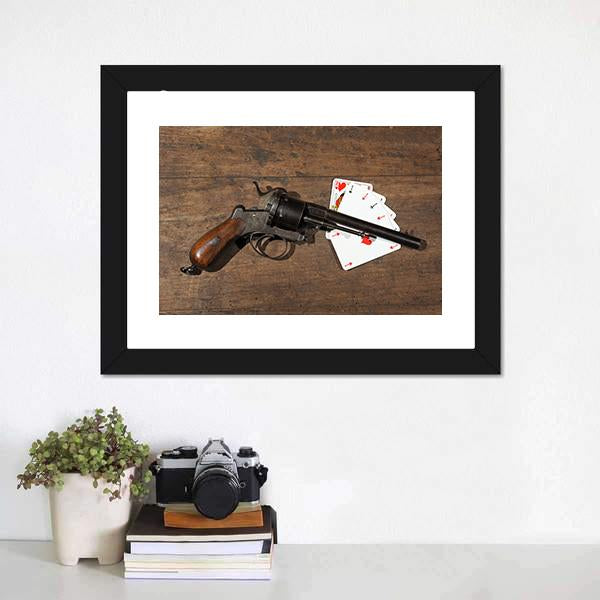 Gun & Cards On Table Canvas Wall Art-1 Piece-Framed Print-20" x 16"-Tiaracle