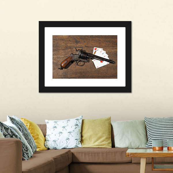 Gun & Cards On Table Canvas Wall Art-3 Horizontal-Gallery Wrap-25" x 16"-Tiaracle