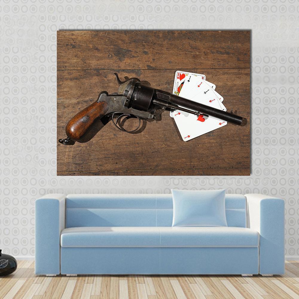 Gun & Cards On Table Canvas Wall Art-1 Piece-Gallery Wrap-48" x 32"-Tiaracle