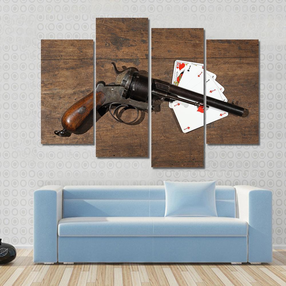 Gun & Cards On Table Canvas Wall Art-4 Pop-Gallery Wrap-50" x 32"-Tiaracle