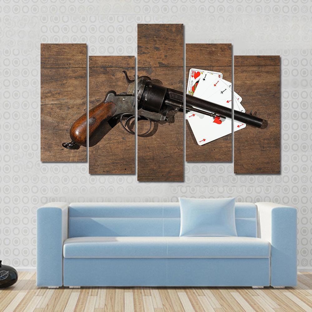 Gun & Cards On Table Canvas Wall Art-5 Pop-Gallery Wrap-47" x 32"-Tiaracle