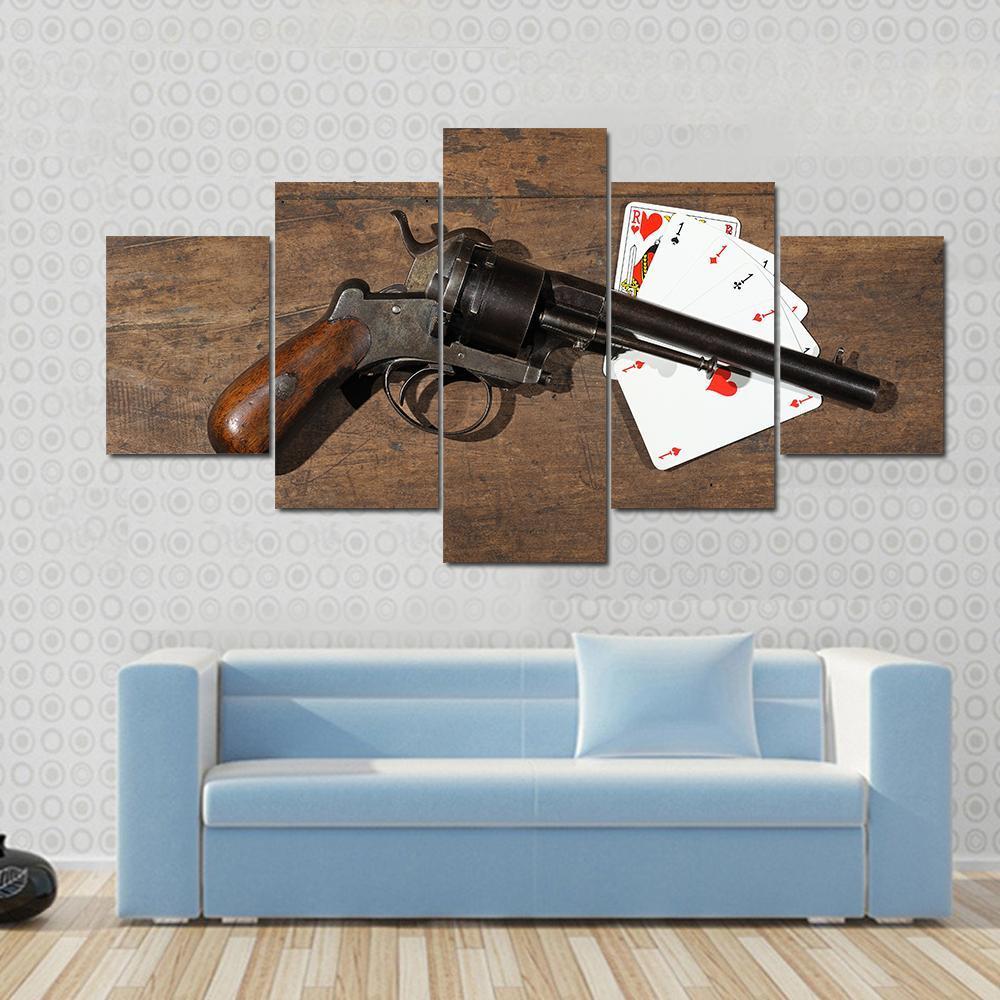 Gun & Cards On Table Canvas Wall Art-5 Star-Gallery Wrap-62" x 32"-Tiaracle