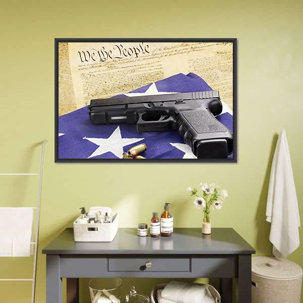 Gun On Folded Flag Canvas Wall Art-1 Piece-Floating Frame-24" x 16"-Tiaracle