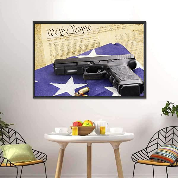 Gun On Folded Flag Canvas Wall Art-3 Horizontal-Gallery Wrap-25" x 16"-Tiaracle