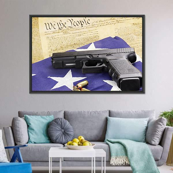 Gun On Folded Flag Canvas Wall Art-3 Horizontal-Gallery Wrap-25" x 16"-Tiaracle