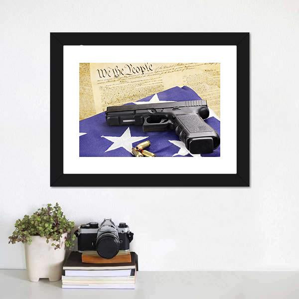 Gun On Folded Flag Canvas Wall Art-1 Piece-Framed Print-20" x 16"-Tiaracle