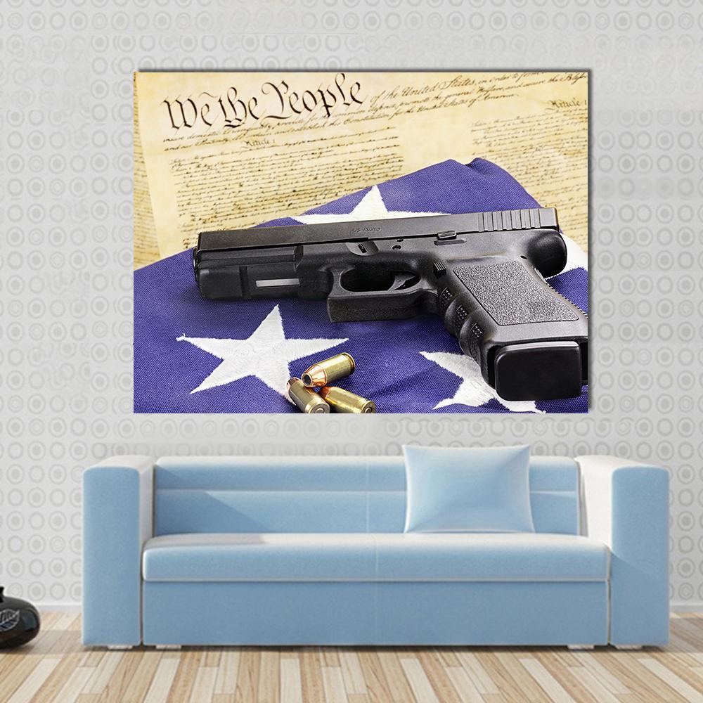 Gun On Folded Flag Canvas Wall Art-1 Piece-Gallery Wrap-48" x 32"-Tiaracle