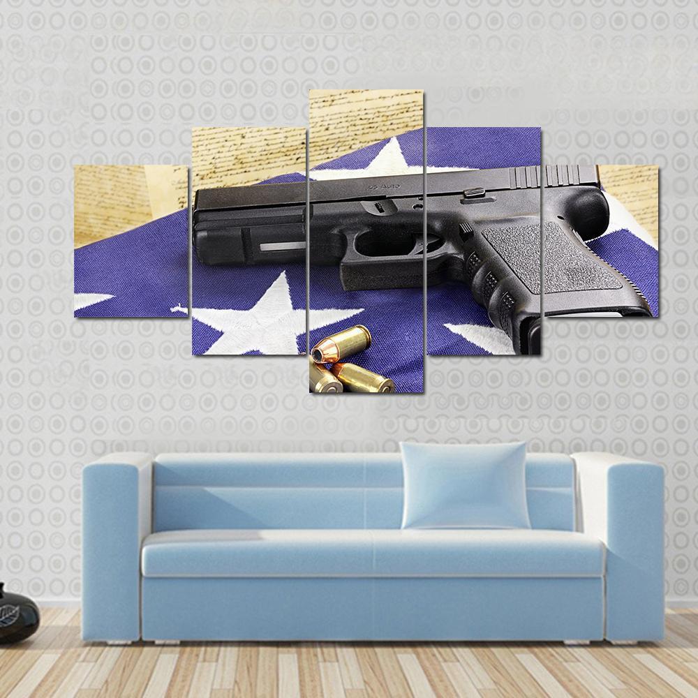 Gun On Folded Flag Canvas Wall Art-5 Star-Gallery Wrap-62" x 32"-Tiaracle