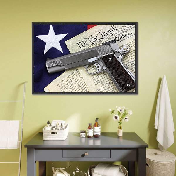 Gun With American Flag Canvas Wall Art-1 Piece-Floating Frame-24" x 16"-Tiaracle